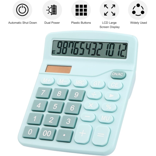 Image 1 of 5.. Calculator Standard 12 Digit Solar and Battery Dual Power Student Calculator for Office School Home Business - Blue