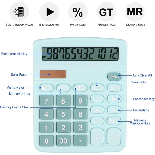 Calculatrice calculatrice étudiante à double énergie solaire et pile standard à 12 chiffres pour Office School Home Business - Bleu