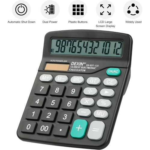 Image 1 of 5.. Calculator Standard 12 Digit Solar and Battery Dual Power Student Calculator for Office, School, Home Business - Black