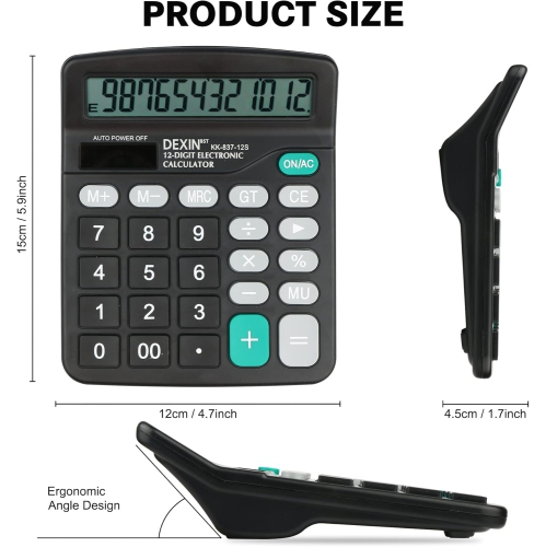 Calculatrice – Calculatrice à énergie solaire et à pile à 12 chiffres standard pour le bureau, l'école, le bureau à domicile – Noir