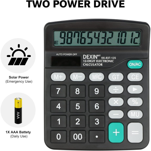 Calculatrice – Calculatrice à énergie solaire et à pile à 12 chiffres standard pour le bureau, l'école, le bureau à domicile – Noir