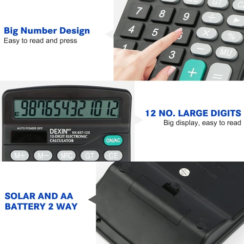 Calculatrice – Calculatrice à énergie solaire et à pile à 12 chiffres standard pour le bureau, l'école, le bureau à domicile – Noir