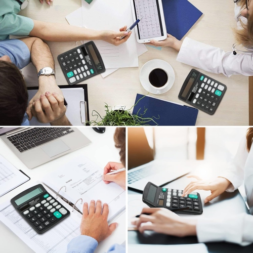 Calculatrice – Calculatrice à énergie solaire et à pile à 12 chiffres standard pour le bureau, l'école, le bureau à domicile – Noir