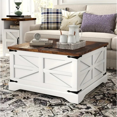 BOLDDECO  Square Coffee Table \w Storage (Table Basse De Salon) - Modern Farmhouse Wood Lift Top Center Table | Rustic Living Room Furniture \w Metal