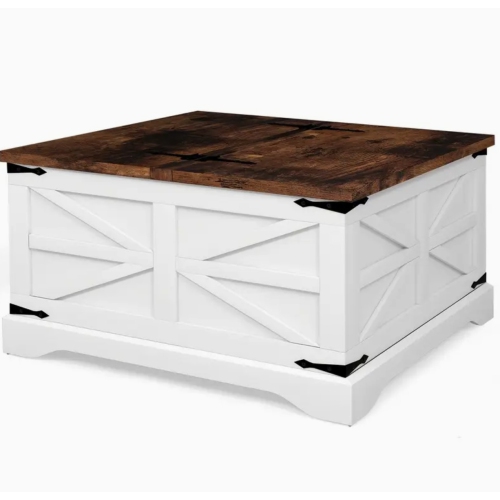 Square Coffee Table with Storage - Modern Farmhouse Wood Lift Top Center Table | Rustic Living Room Furniture with Metal Frame & Drawers, White