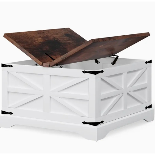 Square Coffee Table with Storage - Modern Farmhouse Wood Lift Top Center Table | Rustic Living Room Furniture with Metal Frame & Drawers, White