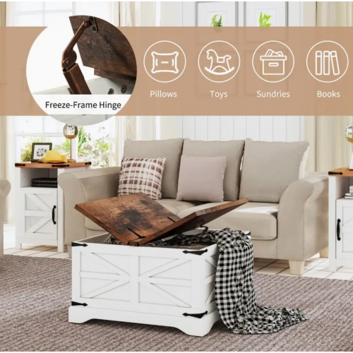 Square Coffee Table with Storage - Modern Farmhouse Wood Lift Top Center Table | Rustic Living Room Furniture with Metal Frame & Drawers, White