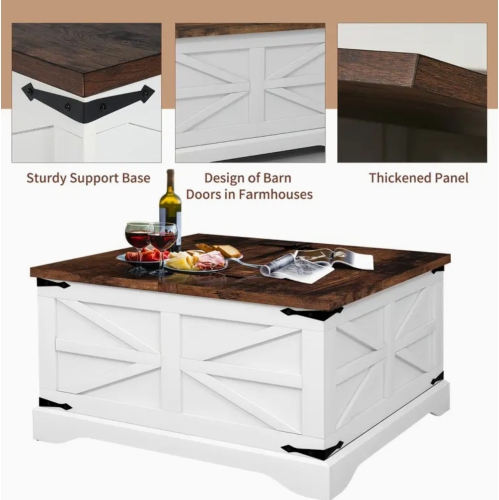 Square Coffee Table with Storage - Modern Farmhouse Wood Lift Top Center Table | Rustic Living Room Furniture with Metal Frame & Drawers, White