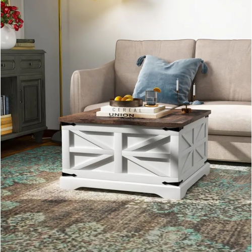 Square Coffee Table with Storage - Modern Farmhouse Wood Lift Top Center Table | Rustic Living Room Furniture with Metal Frame & Drawers, White