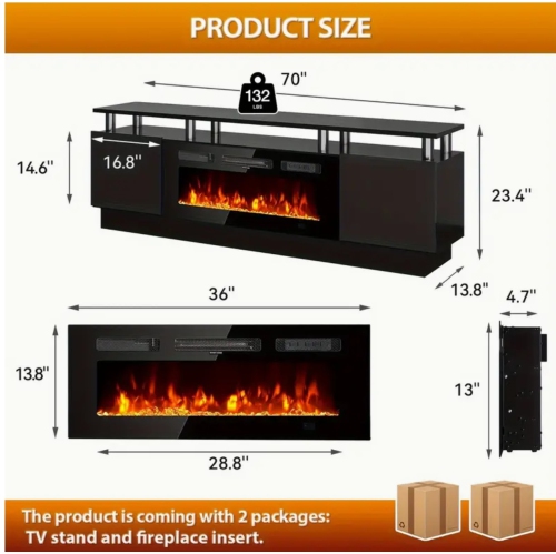 70" Electric Fireplace TV Stand with Storage - 36" LED Fireplace Entertainment Center & Media Console for 70-80" TVs | Fireplace Cabinet, TV Unit for