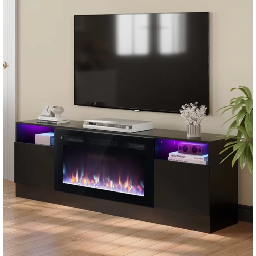 Image 1 de 9.. 70" Electric Fireplace TV Stand with Storage Cabinet - 36" LED Media Console for 70-80" TVs | Modern Wood TV Unit Entertainment Center with Floating