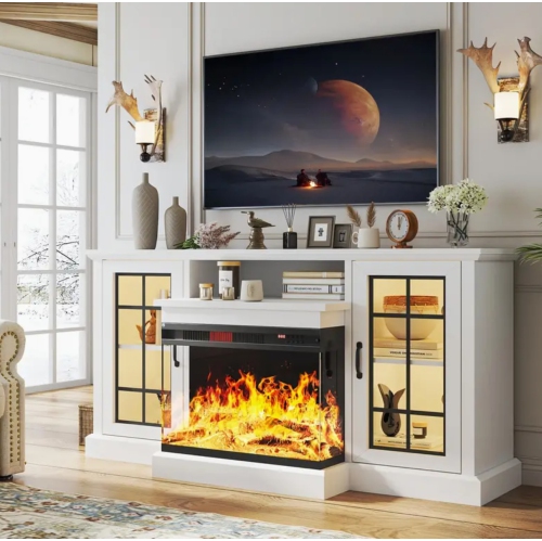 LUXURIOUS 70 Inch 2-Sided Glass Fireplace TV Stand for TVs up to 80", Media Entertainment Center Console Table with Glass Door Closed Storage, Set of