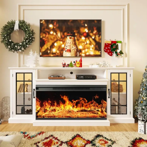 LUXURIOUS 70 Inch 2-Sided Glass Fireplace TV Stand for TVs up to 80", Media Entertainment Center Console Table with Glass Door Closed Storage, Set of