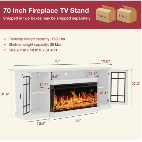 LUXURIOUS 70 Inch 2-Sided Glass Fireplace TV Stand for TVs up to 80", Media Entertainment Center Console Table with Glass Door Closed Storage, Set of