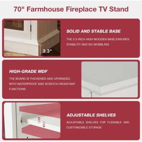 LUXURIOUS 70 Inch 2-Sided Glass Fireplace TV Stand for TVs up to 80", Media Entertainment Center Console Table with Glass Door Closed Storage, Set of