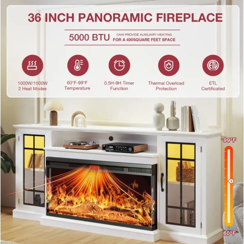 LUXURIOUS 70 Inch 2-Sided Glass Fireplace TV Stand for TVs up to 80", Media Entertainment Center Console Table with Glass Door Closed Storage, Set of