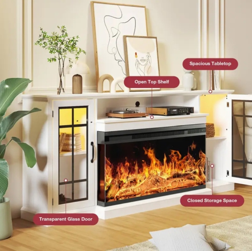 LUXURIOUS 70 Inch 2-Sided Glass Fireplace TV Stand for TVs up to 80", Media Entertainment Center Console Table with Glass Door Closed Storage, Set of