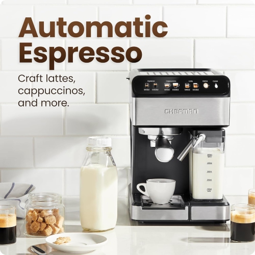 Chefman CaféMaster Pro Espresso Machine – 6-in-1 Digital Coffee Maker with Built-In Milk Frother, 15-BAR Pump, 1.8L Water Reservoir – Stainless Steel