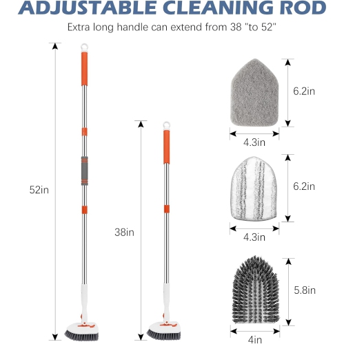 Floor Scrub Brush, 3-In-1 Tile Tub Floor Scrubber with 52-inch Adjustable Long Handle Shower Cleaner Brush and 3 Detachable Replacement Brush Heads