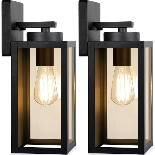 Outdoor Wall Light Fixtures, Exterior Waterproof Lanterns, Porch Sconces Wall Mounted Lighting with E26 Sockets & Glass Shades, Modern Matte Black