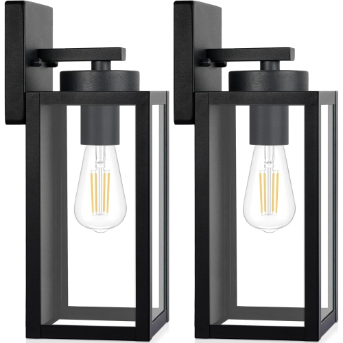 Outdoor Wall Light Fixtures, Exterior Waterproof Lanterns, Porch Sconces Wall Mounted Lighting with E26 Sockets & Glass Shades, Modern Matte Black