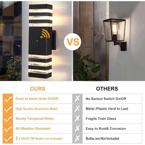 Ensemble de 2 lampes murales d'extérieur Dusk to Dawn, luminaire extérieur moderne étanche IP65, applique murale d'extérieur à 3 couches blanc chaud