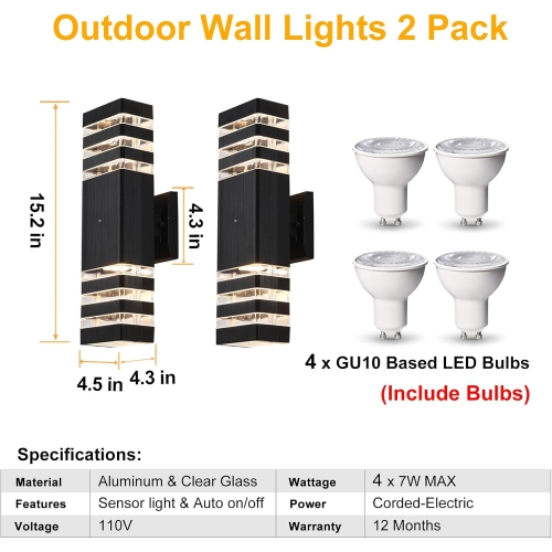 Ensemble de 2 lampes murales d'extérieur Dusk to Dawn, luminaire extérieur moderne étanche IP65, applique murale d'extérieur à 3 couches blanc chaud