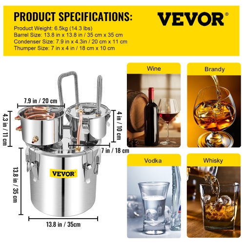 VEVOR Moonshine Still Stainless Steel Water Alcohol Distiller Copper Tube With Circulating Pump Home Brewing Kit Build-in Thermometer for DIY Whisky