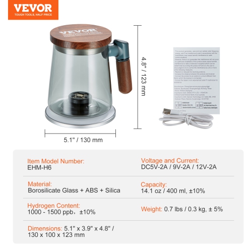 VEVOR Hydrogen Water Cup, 400 ml / 14.1 oz Hydrogen Generator, SPE Technology Portable Hydrogen Water Ionizer Machine with Wireless Charging Base,