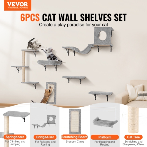 VEVOR 40 lbs Wall Mounted Cat Shelves,Cat Wall Shelves and Perches with Jumping Boards, Hammock, Sofa, Cat Tree & Cat Grip, Cat Furniture for