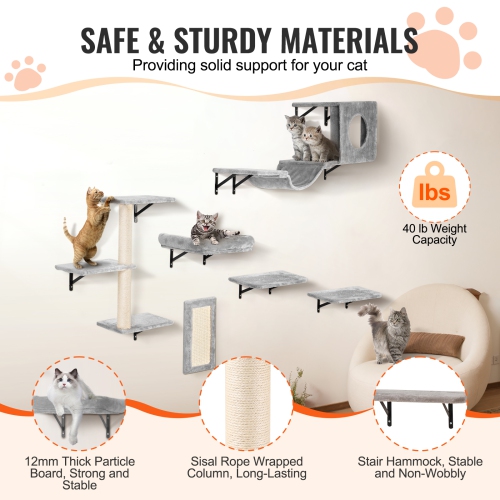 VEVOR 40 lbs Wall Mounted Cat Shelves,Cat Wall Shelves and Perches with Jumping Boards, Hammock, Sofa, Cat Tree & Cat Grip, Cat Furniture for