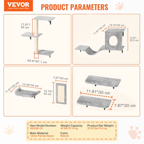 VEVOR 40 lbs Wall Mounted Cat Shelves,Cat Wall Shelves and Perches with Jumping Boards, Hammock, Sofa, Cat Tree & Cat Grip, Cat Furniture for