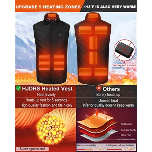 Unisex Heated Vest with 9 Heating Zones,USB Electric Heated Jacket for Men Women Heated Clothing with 3 Heating Levels（L Size）