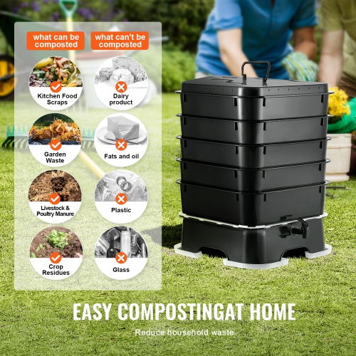 VEVOR 5-Tray Worm Composter, 50 L Worm Compost Bin Outdoor and Indoor, Sustainable Design Worm Farm Kit, for Recycling Food Waste, Worm Castings,