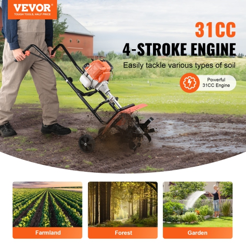 Cultivateur VEVOR 31CC Tiller, culturateur de jardin 4 temps, Tiller avec 4 tiges avant réglables en acier pour la pelouse, le jardin et la culture