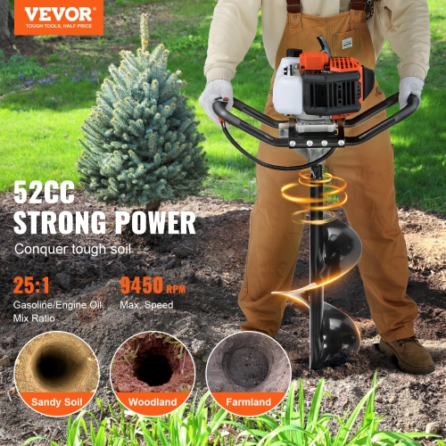 VEVOR 52cc Post Hole Digger, 1450W Auger Post Hole digger, Gas Powered Earth Digger with Two Earth Auger Drill Bit 6" & 10" and 3 Extension Rods, for