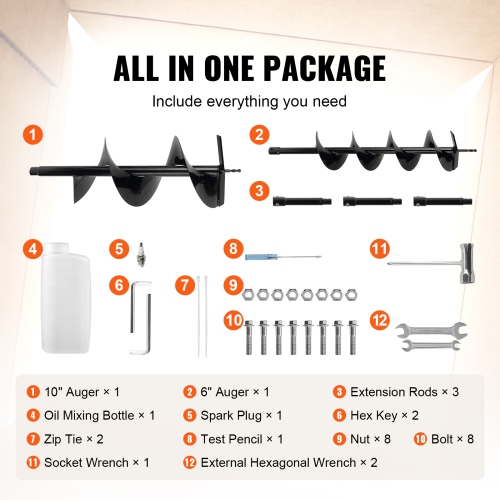 VEVOR 52cc Post Hole Digger, 1450W Auger Post Hole digger, Gas Powered Earth Digger with Two Earth Auger Drill Bit 6" & 10" and 3 Extension Rods, for
