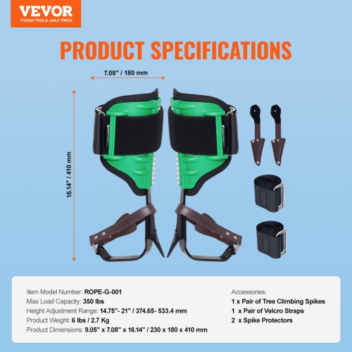 VEVOR 1 Pair Tree Climbing Spikes, Alloy Steel Climbing Spurs, 350lbs Load Capacity Tree Climbing Gear with Straps and Spike Protectors, Arborist