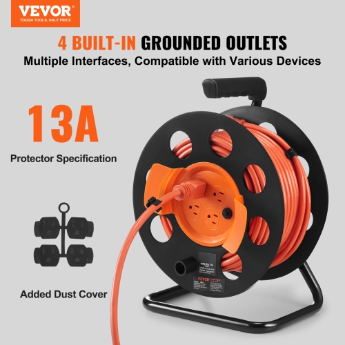 VEVOR 100FT Extension Cord Reel, with 4 Outlets and Dust Cover, Heavy Duty 14AWG SJTOW Power Cord, Manual Cord Reel with Portable Handle Circuit