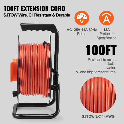 VEVOR 100FT Extension Cord Reel, with 4 Outlets and Dust Cover, Heavy Duty 14AWG SJTOW Power Cord, Manual Cord Reel with Portable Handle Circuit