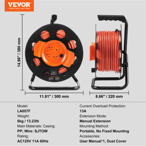 VEVOR 100FT Extension Cord Reel, with 4 Outlets and Dust Cover, Heavy Duty 14AWG SJTOW Power Cord, Manual Cord Reel with Portable Handle Circuit