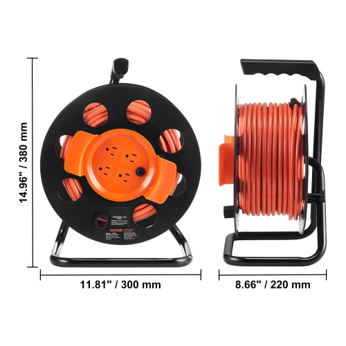 VEVOR 100FT Extension Cord Reel, with 4 Outlets and Dust Cover, Heavy Duty 14AWG SJTOW Power Cord, Manual Cord Reel with Portable Handle Circuit