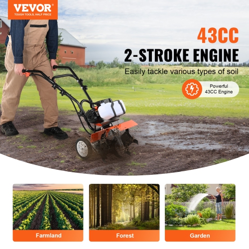 Cultivateur VEVOR 43CC Tiller, culturateur de jardin 2 temps, Tiller avec 4 tiges avant réglables en acier pour la pelouse, le jardin et la culture