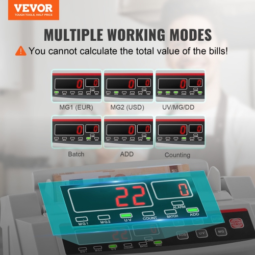 VEVOR Money Counter Machine, Bill Counter with UV, MG, IR and DD Counterfeit Detection, USD & EUR Cash Counting Machine with Large LCD & External