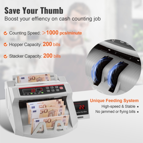 VEVOR Money Counter Machine, Bill Counter with UV, MG, IR and DD Counterfeit Detection, USD & EUR Cash Counting Machine with Large LCD & External