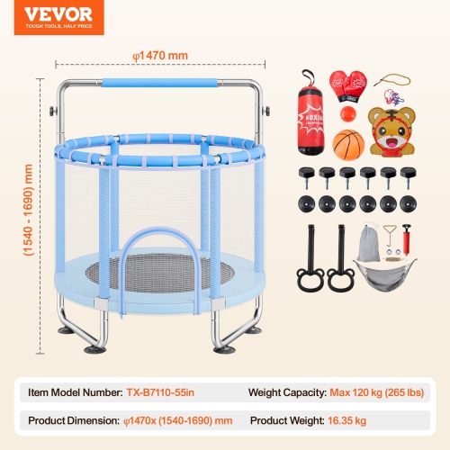 VEVOR 55" Kids Trampoline, 4.6FT Indoor Outdoor Trampoline, Mini Toddler Recreational Trampolinewith Safety Enclosure Net and Basketball Hoop, Toys