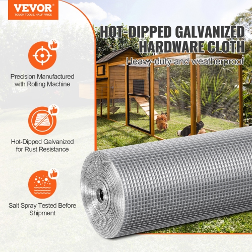 VEVOR 1/4 inch Hardware Cloth, 48in x 100 ft 23 Gauge, Hot Dipped Galvanized Wire Mesh Roll, Chicken Wire Fencing, Wire Mesh for Rabbit Cages,