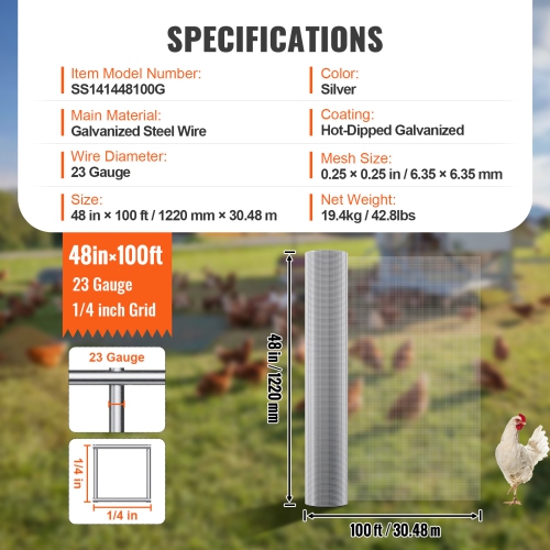 VEVOR 1/4 inch Hardware Cloth, 48in x 100 ft 23 Gauge, Hot Dipped Galvanized Wire Mesh Roll, Chicken Wire Fencing, Wire Mesh for Rabbit Cages,