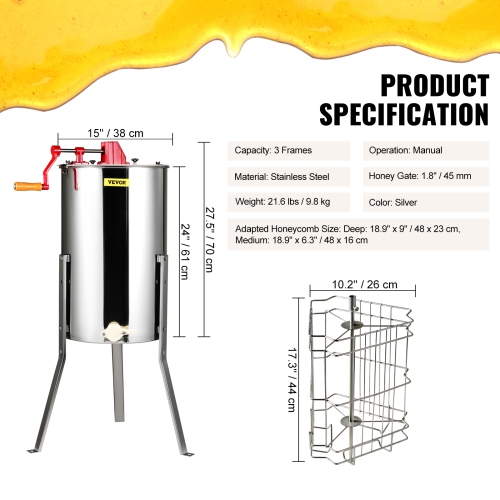VEVOR 3 Frames Manual Honey Extractor, Honey Spinner Extractor, Stainless Steel Beekeeping Extraction, Honeycomb Drum Spinner with Lid, Apiary