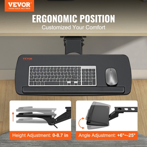 VEVOR 25x9.8 inch Keyboard Tray under Desk, Height and Angle Adjustable under Desk Keyboard Tray Slide out, Keyboard Holder under Desk for Typing in